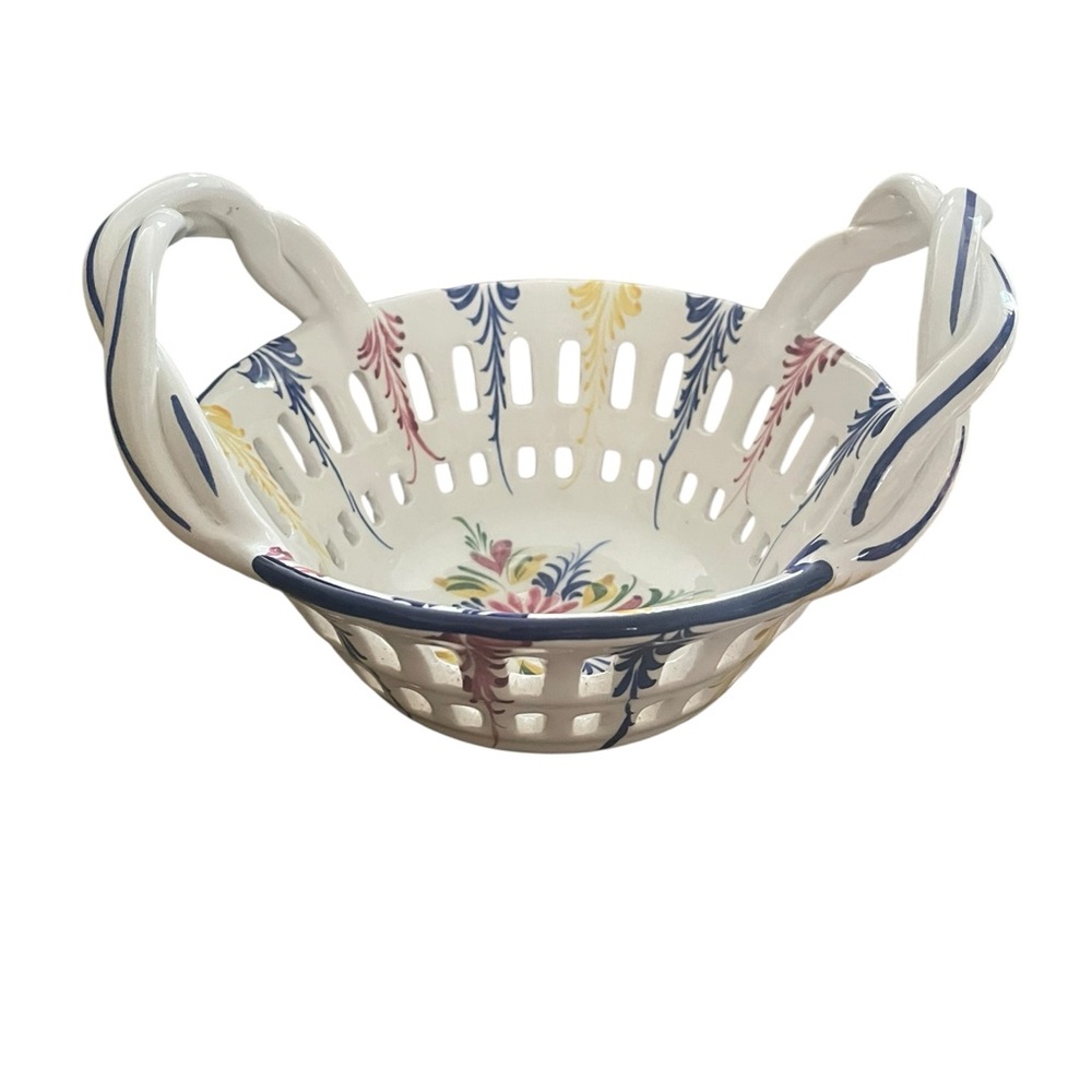 Vintage RCCL Portugal Ceramic Hand Painted Basket with Braided Handles Floral